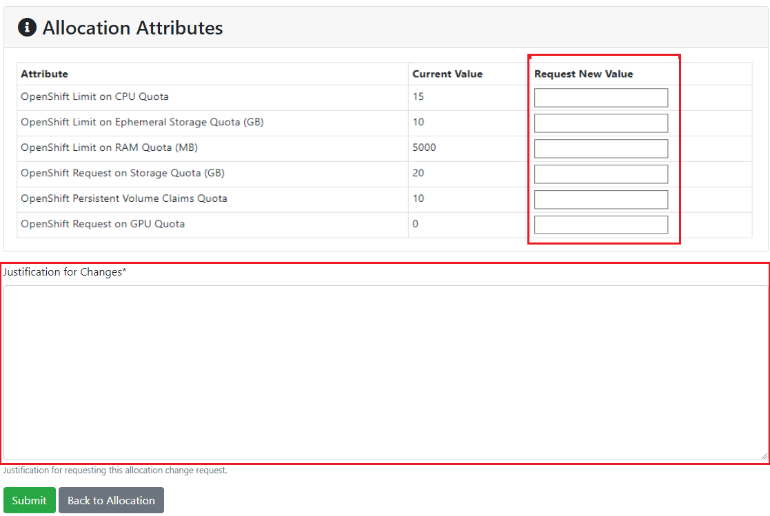 Request Change Resource Allocation Attributes for OpenShift Project