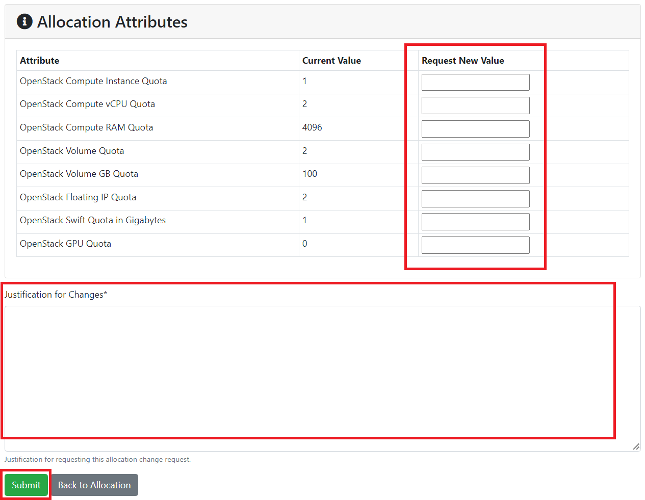 Request Change Resource Allocation Attributes for OpenStack Project