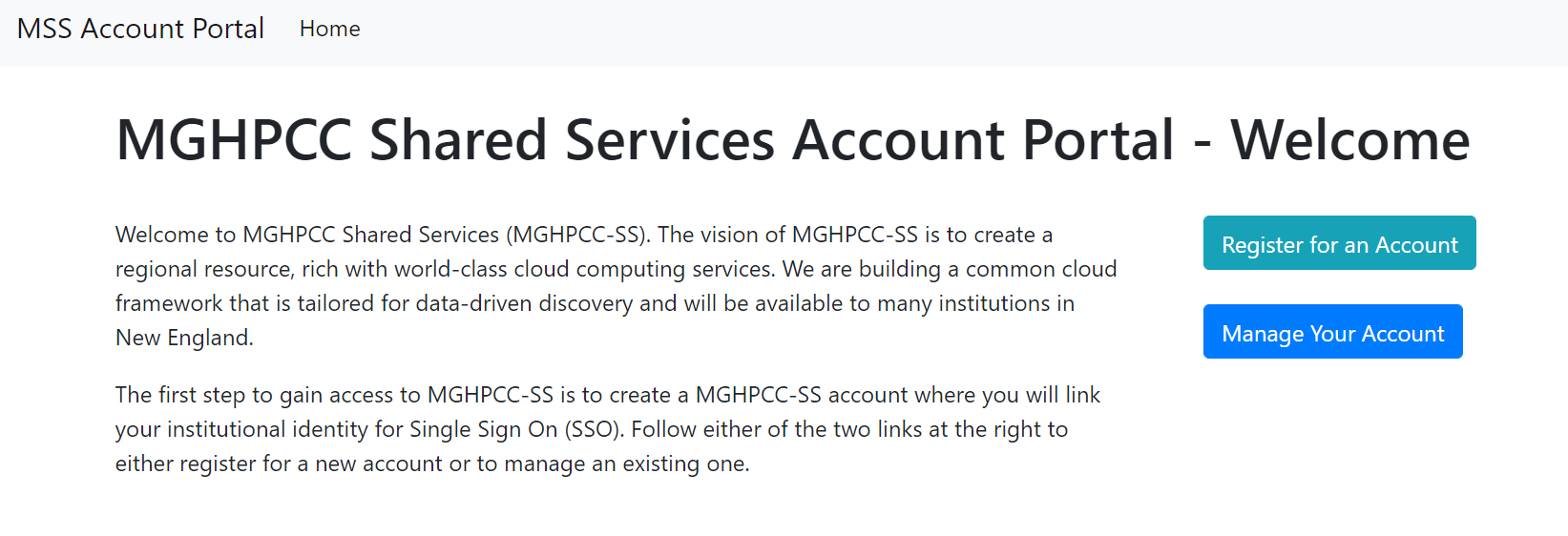 MGHPCC Shared Services (MGHPCC-SS) Account Portal Welcome Page