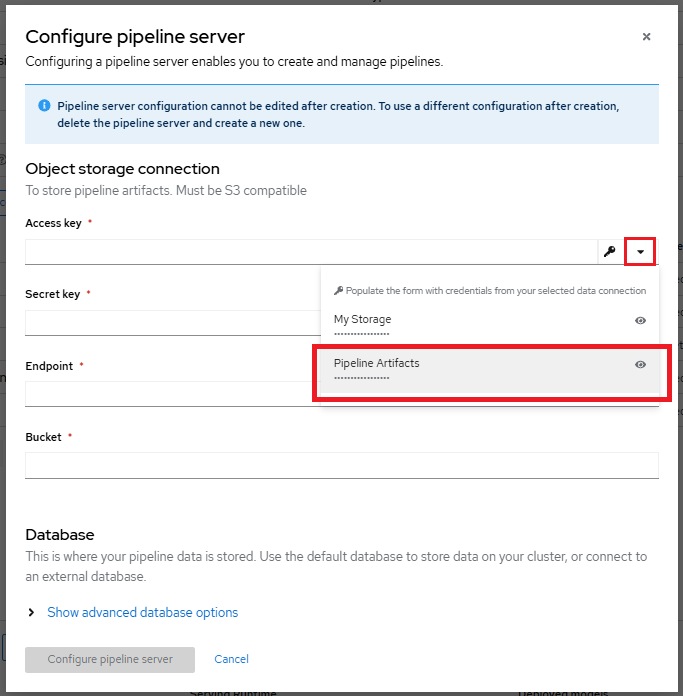 Selecting the Pipeline Artifacts connection