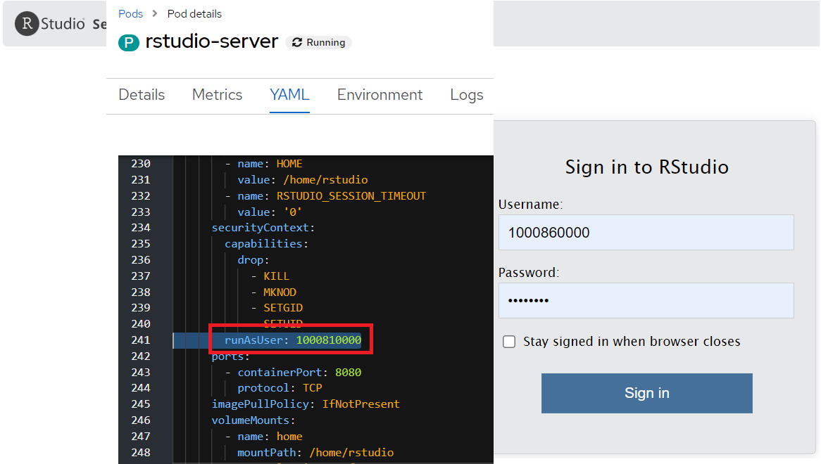 Username for RStudio Server from Pod runAsUser