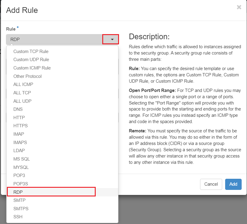 Adding RDP in Security Group Rules