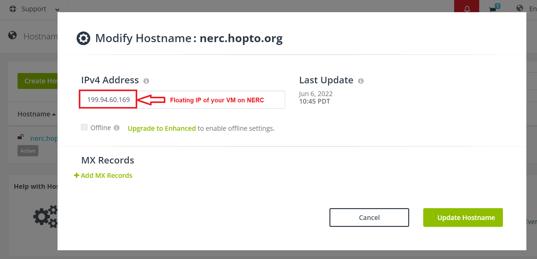 Update Floating IP on Hostname