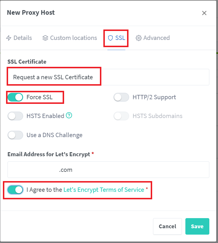 Add Proxy Hosts SSL Settings