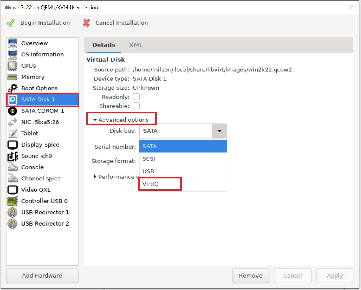 Virt-Manager Disk with VirtIO driver