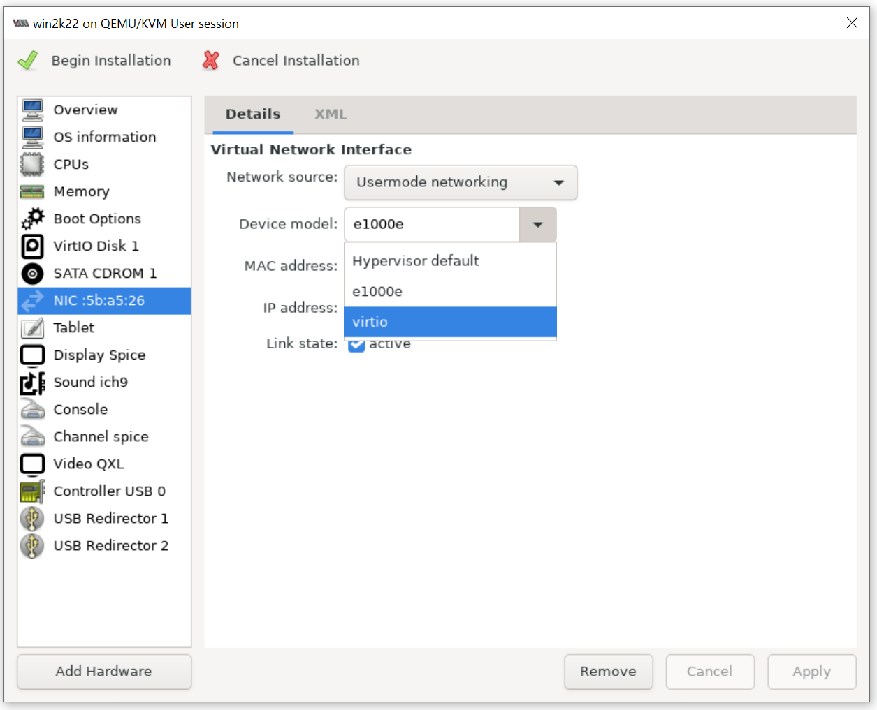 Virt-Manager Modify  NIC