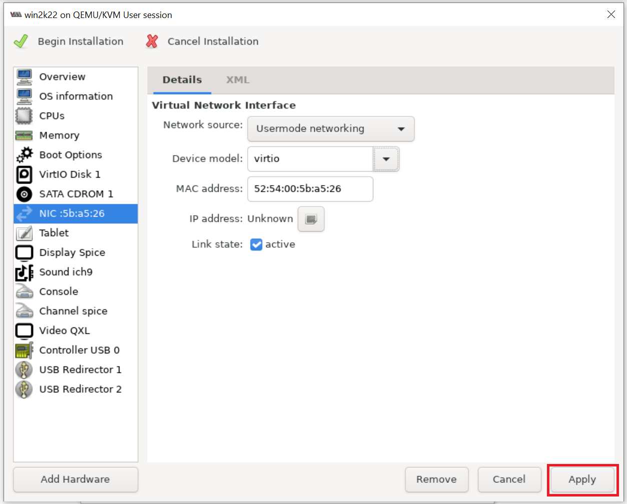 Virt-Manager Apply Change on NIC