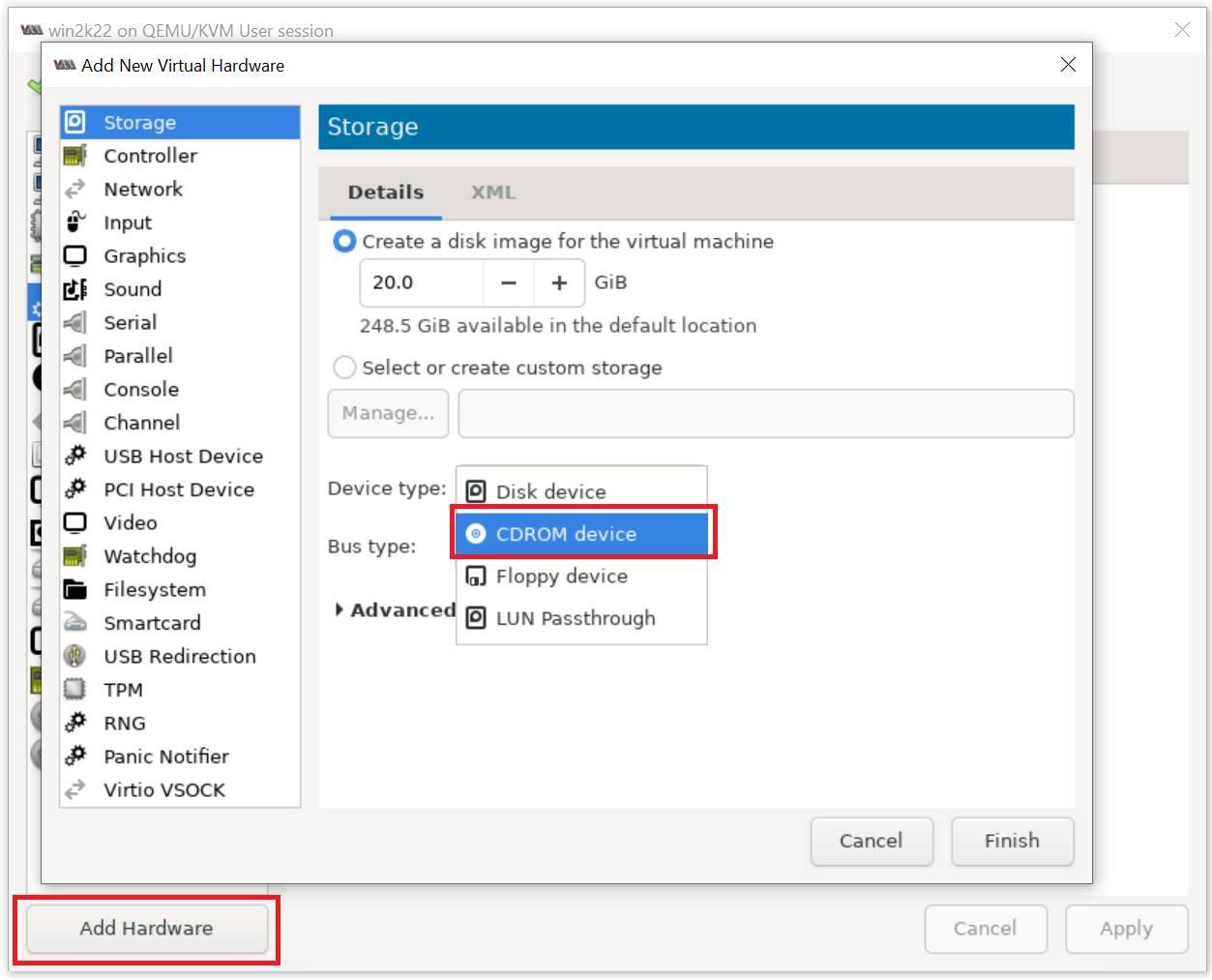 Virt-Manager Add CDROM with virtio ISO