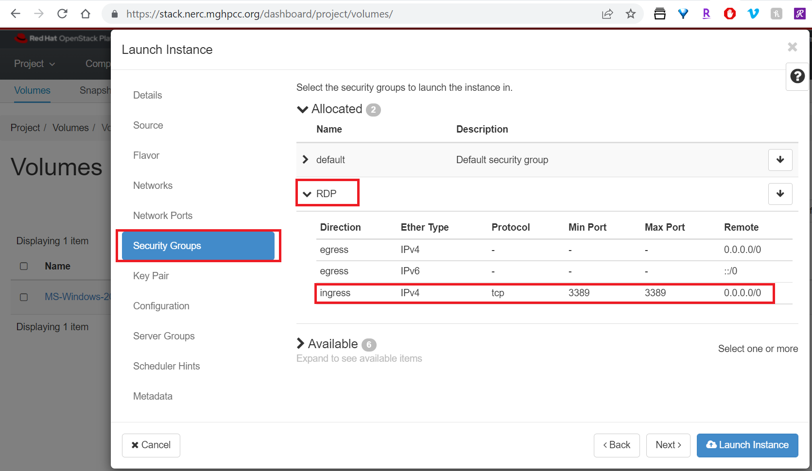 Launch Instance Security Group for RDP