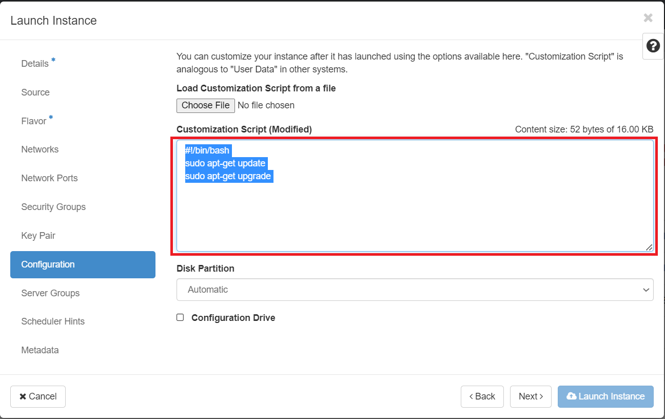 VM Launch Instance Configuration Script