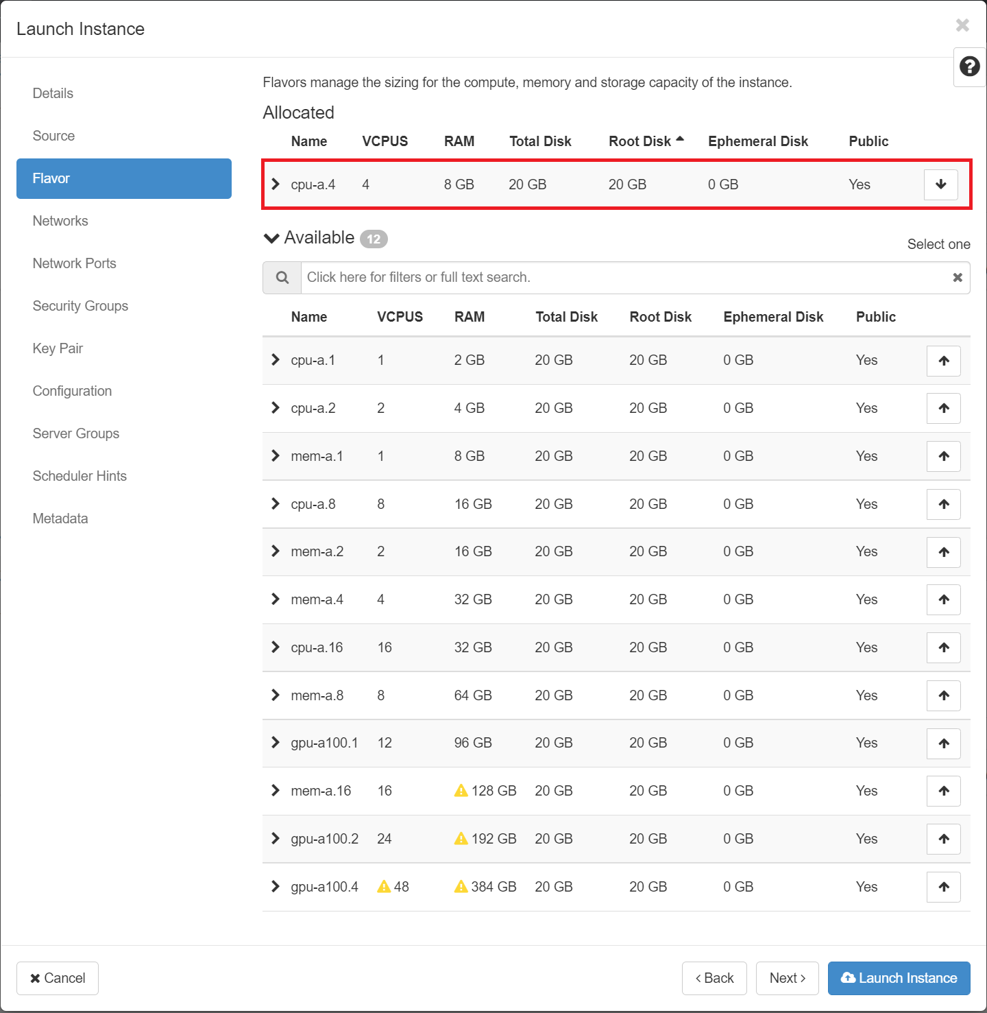 VM Launch Instance Flavor