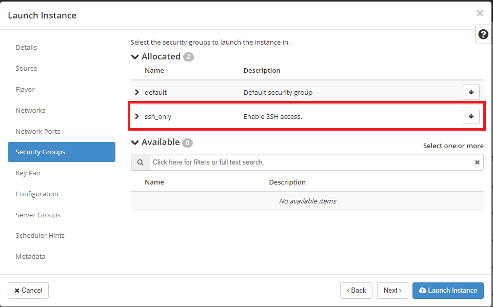 VM Launch Instance Security Groups