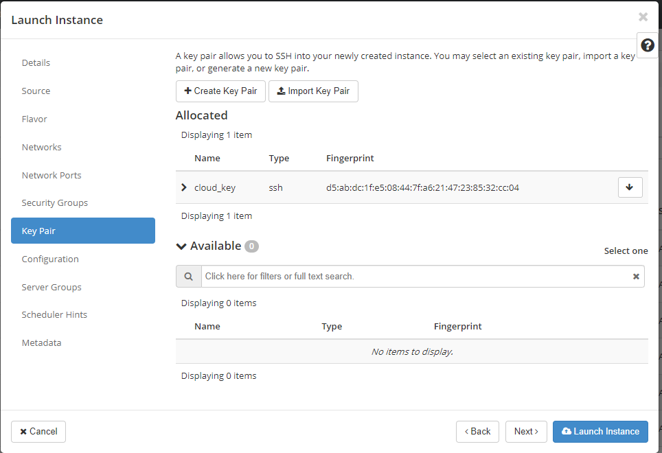 VM Launch Instance Key Pairs