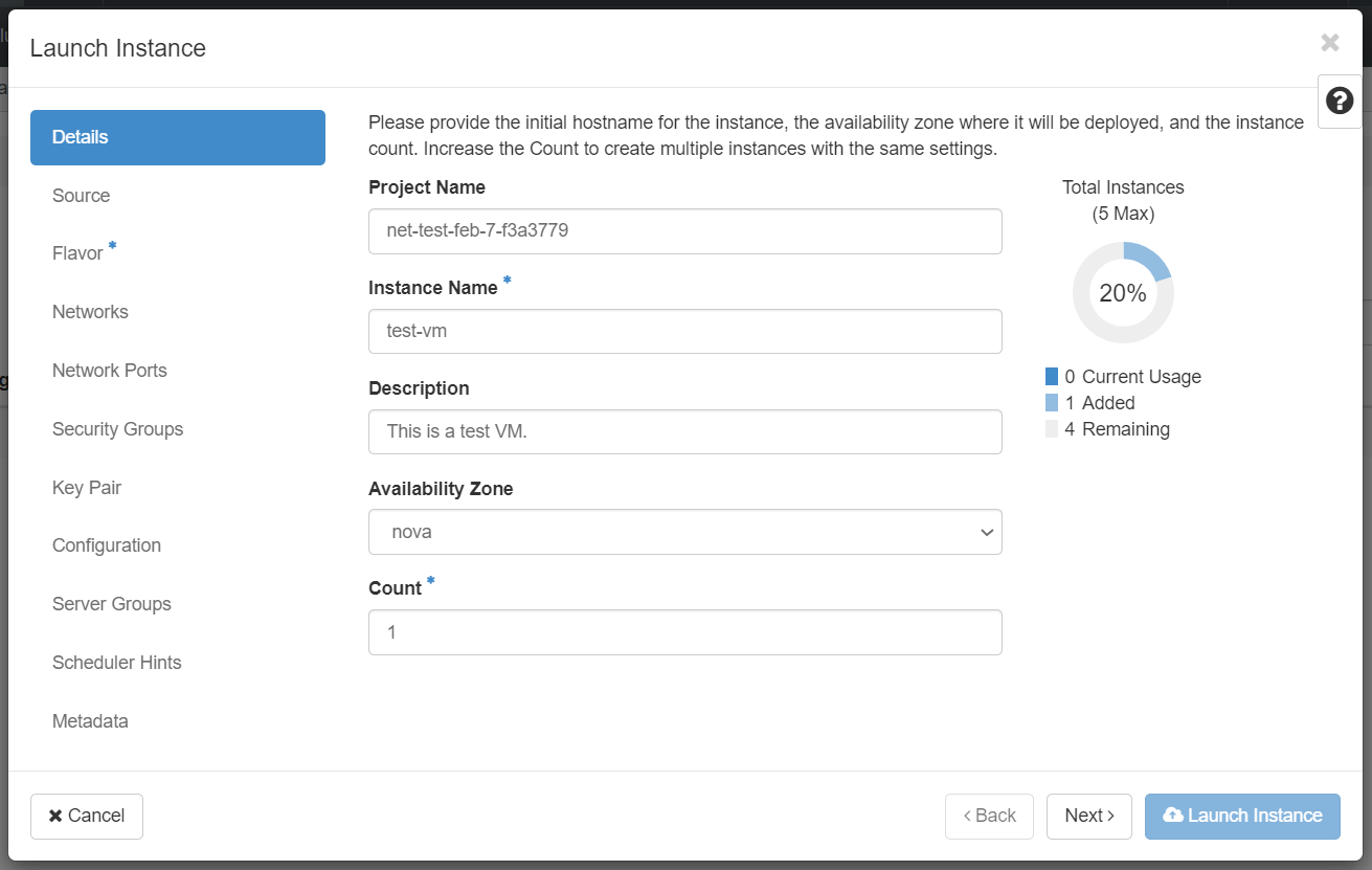 VM Launch Instance Detail